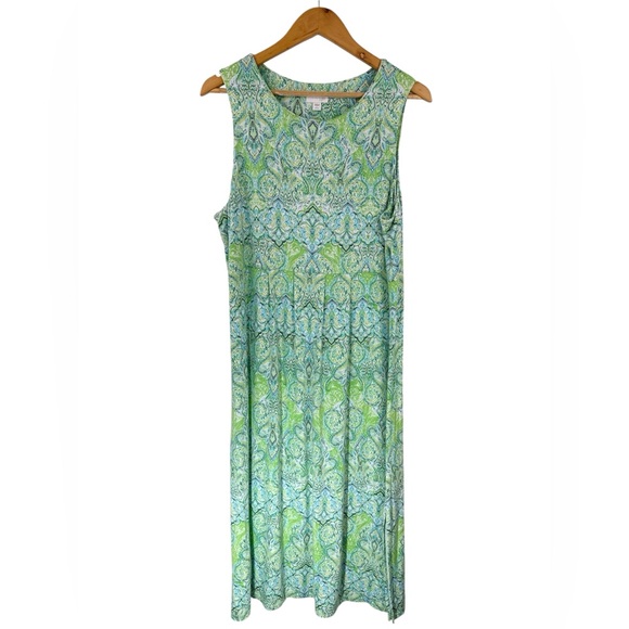 J. Jill Women’s Paisley Midi Dress Size LP Green Blue Sleeveless Stretch - Picture 2 of 13
